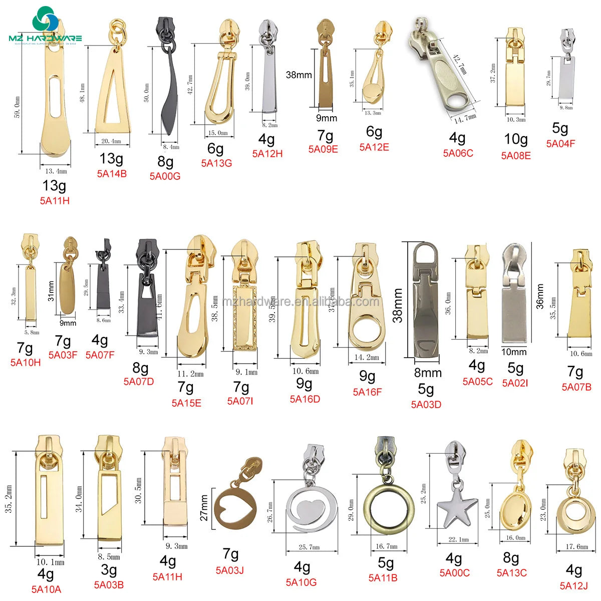 MZhardware OEM Embossed Brand logo Zip Pulls Custom Designer Metal Zipper Puller With Slider for Bag / Clothing Metal Pullers