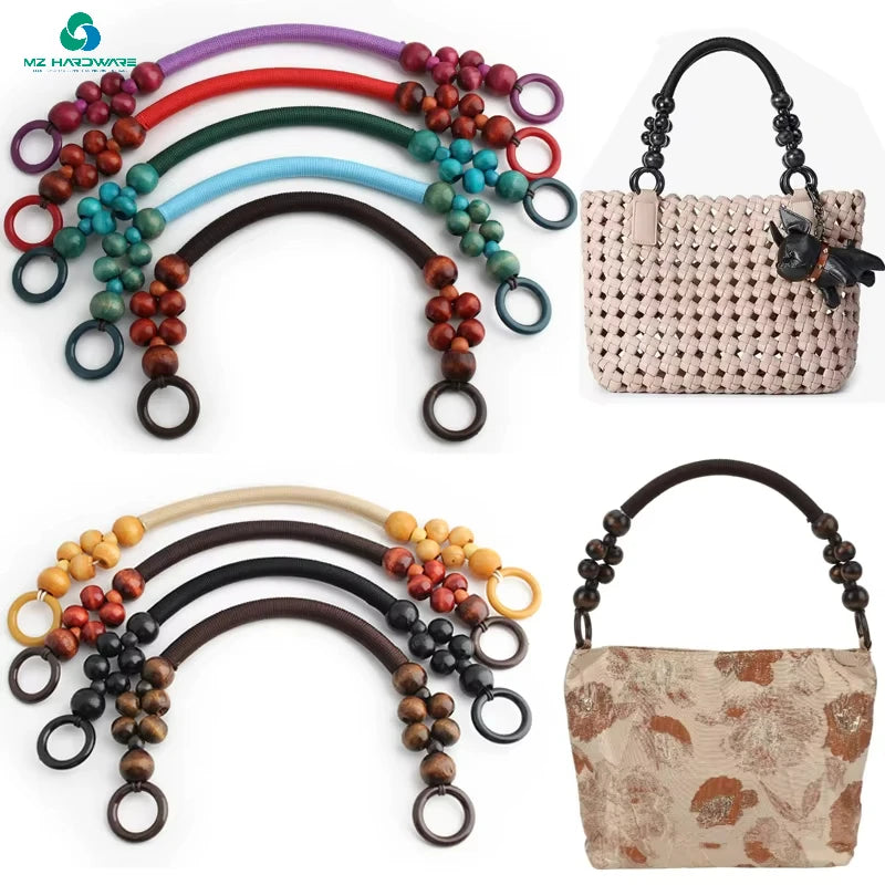 MZhardware High Quality Fashion Wholesale Diy Ready to Ship Purse Natural Wood Beads Weave Rope Handles Purse
