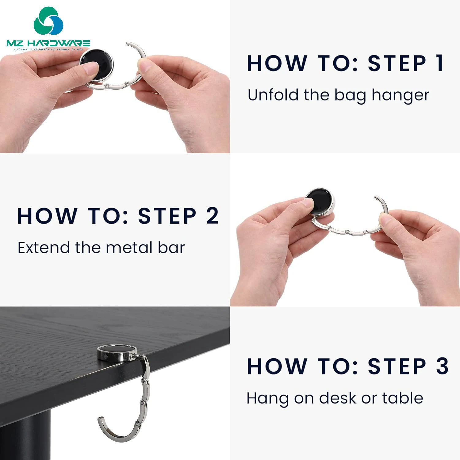 MZ Wholesale Custom Creative Handbag Hooks Purse Holder Hor Table Foldable Bag Holder Zinc Alloy Hanger Hook for Table