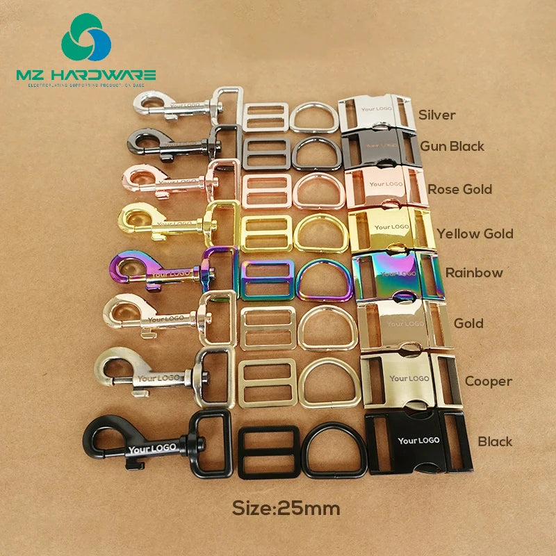 MZ Engraved(metal Buckle+adjust Buckle+D Ring+metal Dog Clasp/set)25mm Webbing Plated Metal Buckle Dog Collar Parts 8 Colours