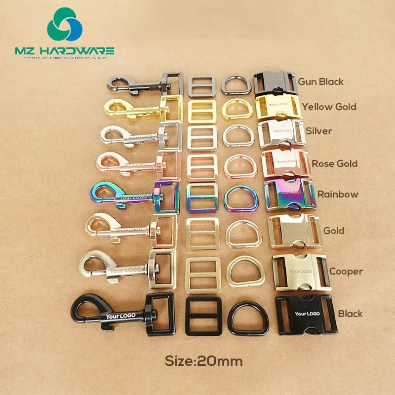 MZ Engraved(metal Buckle+adjust Buckle+D Ring+metal Dog Clasp/set)25mm Webbing Plated Metal Buckle Dog Collar Parts 8 Colours