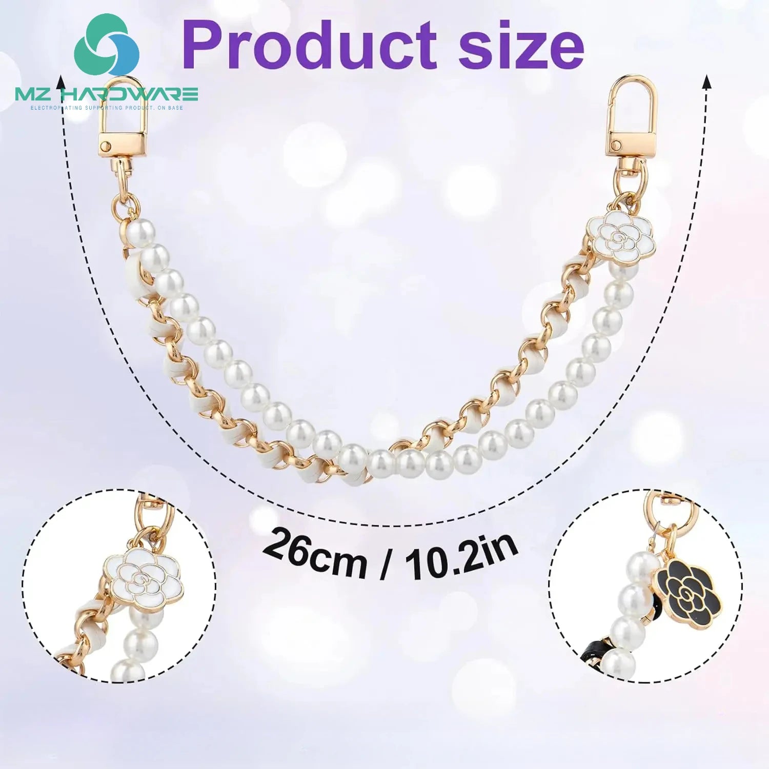 MZ Pearl Purse Chain Extender 10inch Handbag Straps Cute Flower Metal Shoulder Crossbody Bags Short Handle Replacement Charm