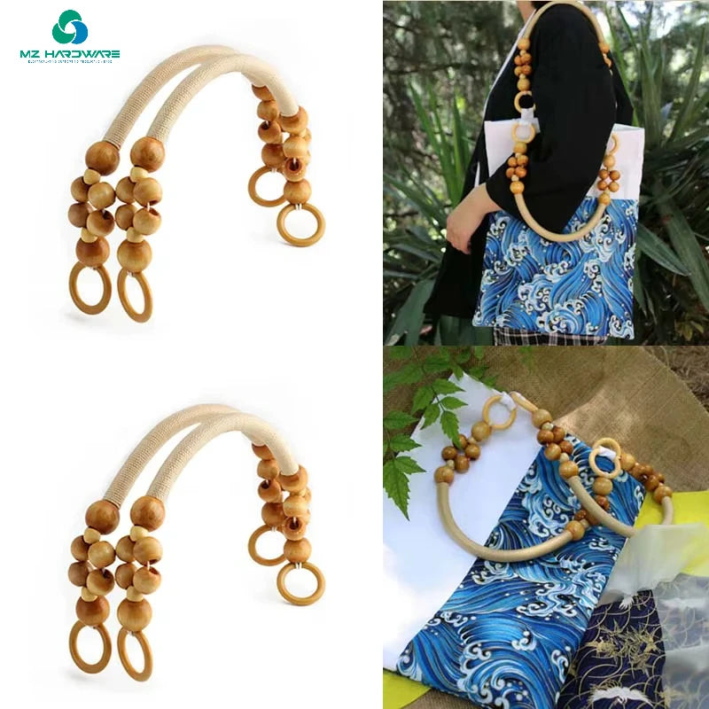 MZhardware High Quality Fashion Wholesale Diy Ready to Ship Purse Natural Wood Beads Weave Rope Handles Purse
