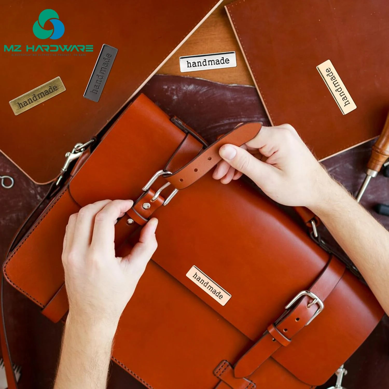 MZ Handmade Metal Labels Shim Rectangle Alloy Tags Hand Made Printed Signs Label for DIY Crafts Sewing Items Purses Bags Shoes