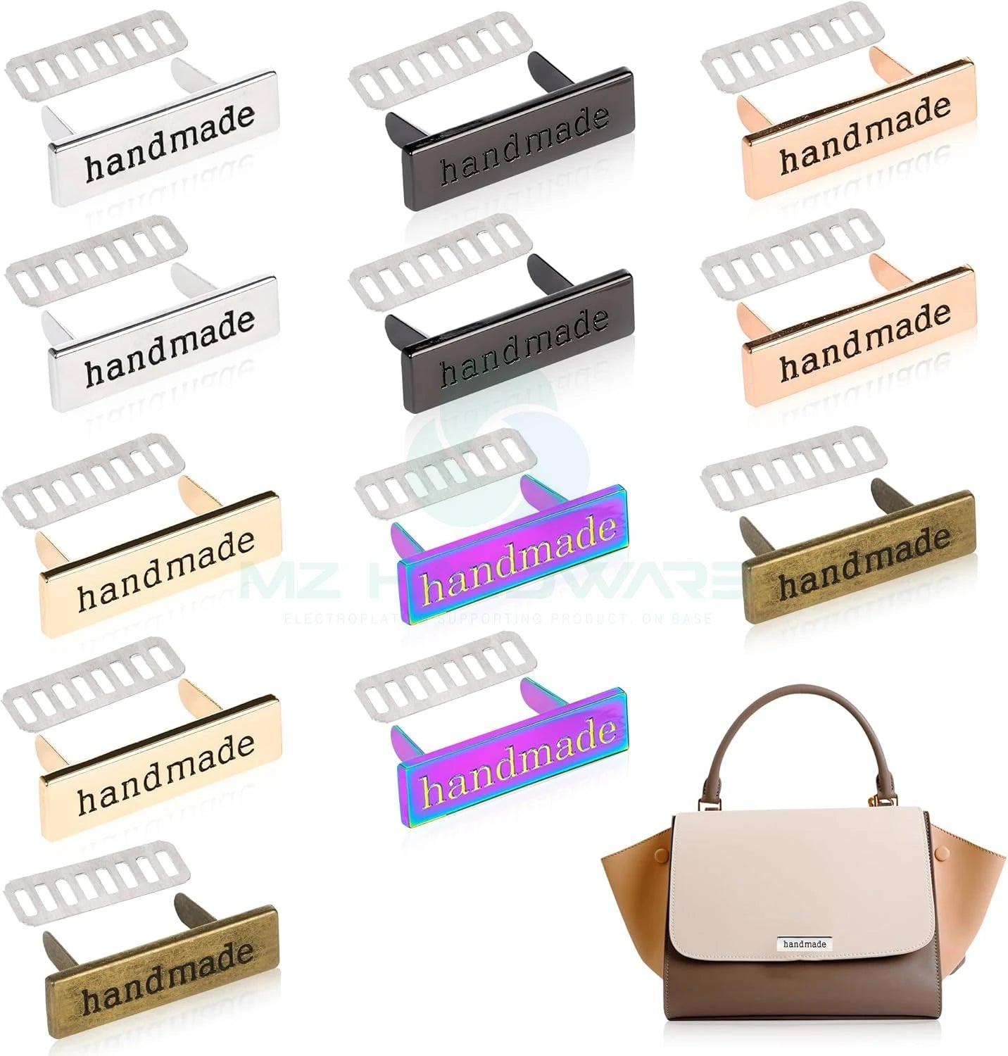 MZ Handmade Metal Labels Shim Rectangle Alloy Tags Hand Made Printed Signs Label for DIY Crafts Sewing Items Purses Bags Shoes