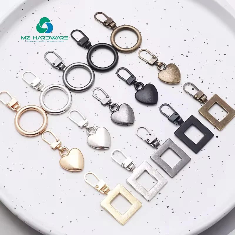 Custom Metal Zipper Puller Pendants Pull Head Good Quality Heart Shaped Accessories Detachable Clothes Zip Puller for Bags