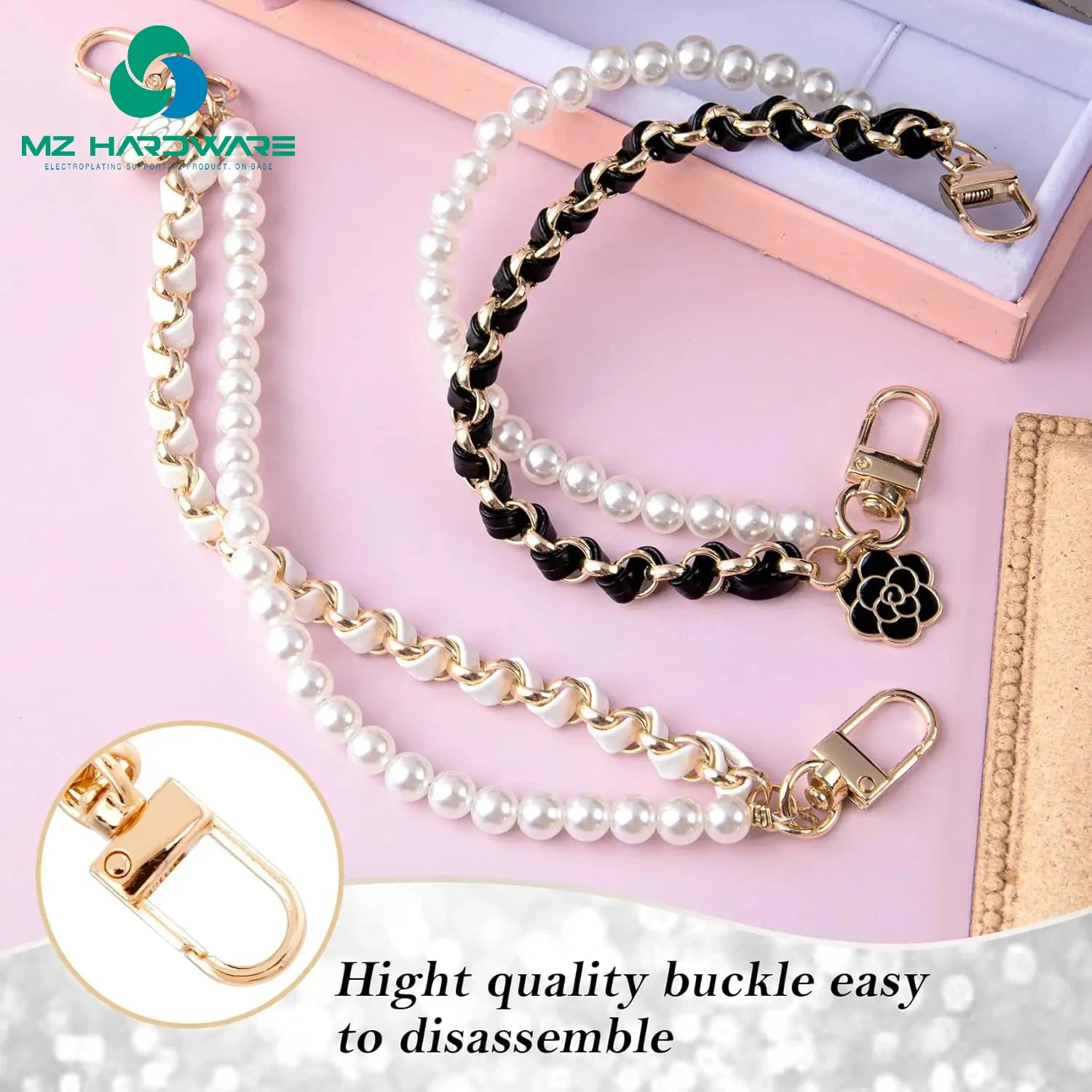 MZ Pearl Purse Chain Extender 10inch Handbag Straps Cute Flower Metal Shoulder Crossbody Bags Short Handle Replacement Charm