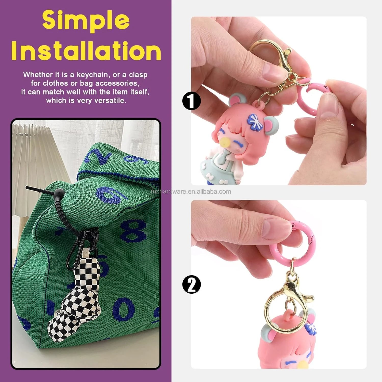 MZ Customized Logo Spring Ring High Quality Metal D Ring Bag Accessories Adjustable Metal Spring Snap Clip Hooks for Keyring