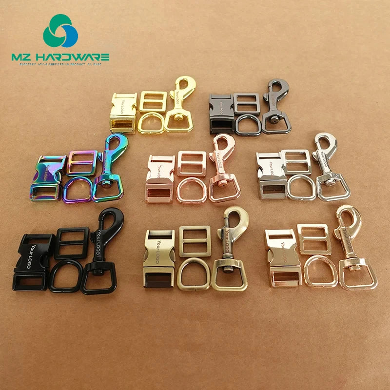 MZ Engraved(metal Buckle+adjust Buckle+D Ring+metal Dog Clasp/set)25mm Webbing Plated Metal Buckle Dog Collar Parts 8 Colours