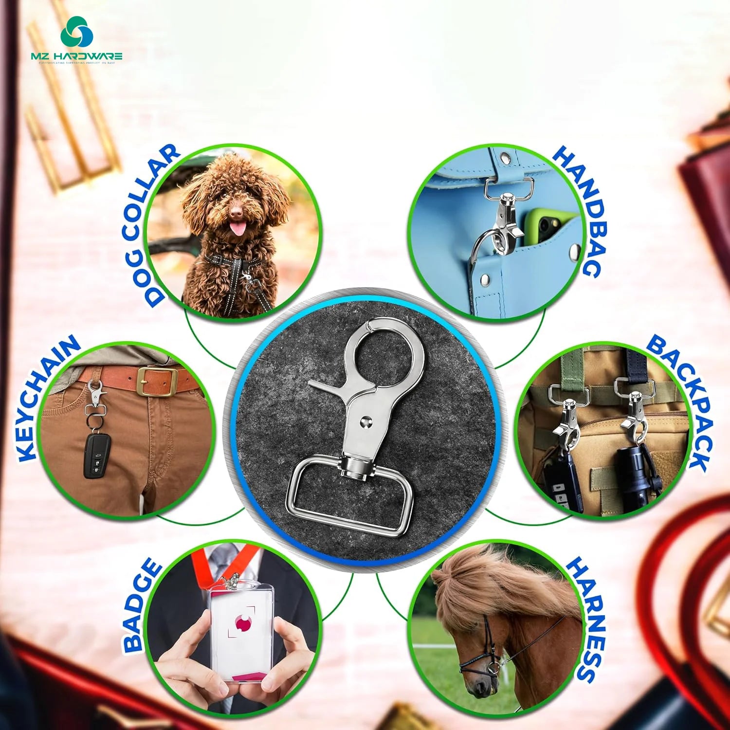 MZhardware Factory Direct Supply Zinc Alloy Metal Dog Buckle Vise Hook Wholesale Pet Harness Hardware Accessories