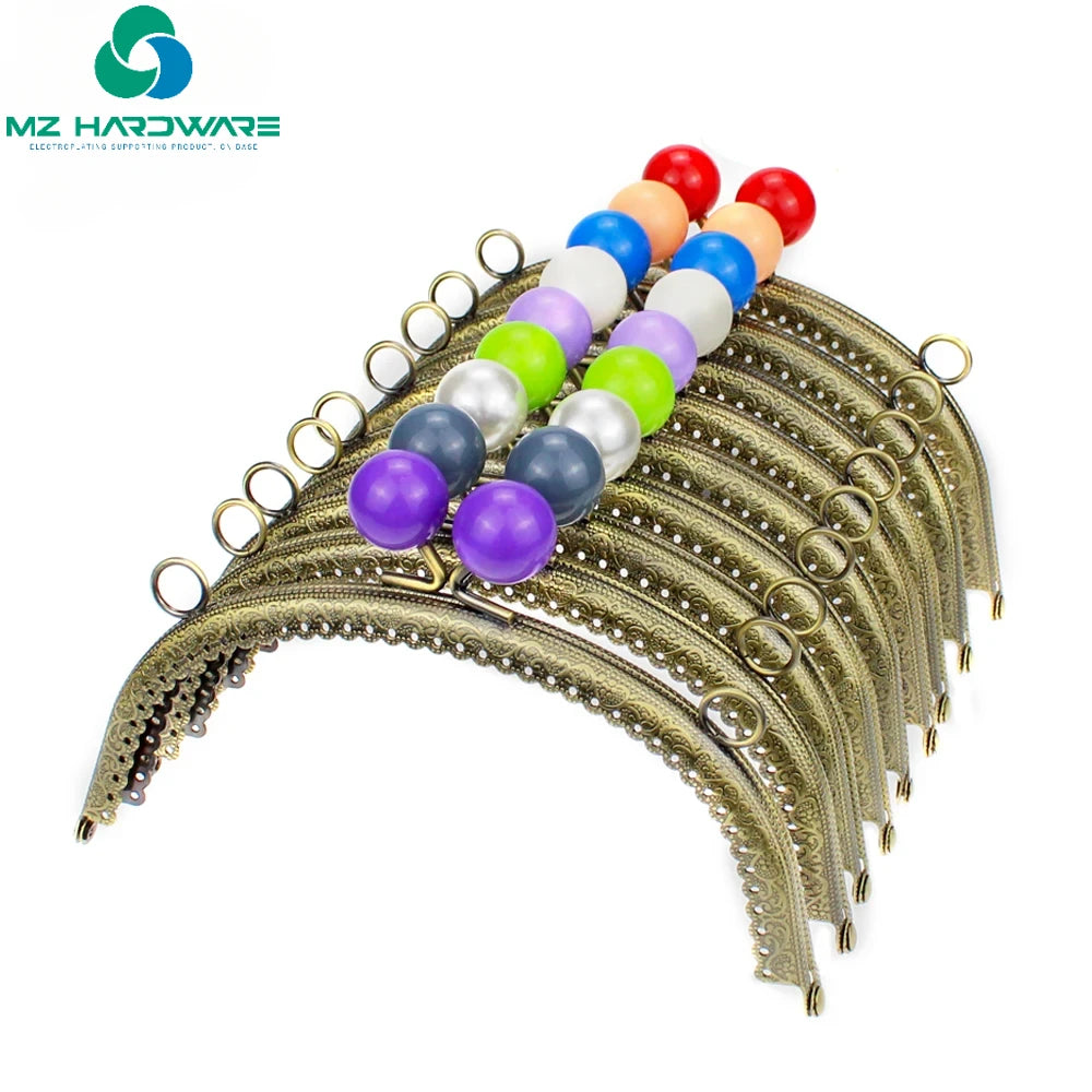 MZ Pearl Candy Bead Bronze Metal Clasp for Purse Handmade Sewing Frame for Bags With Dual Hang Rings Purse Frame