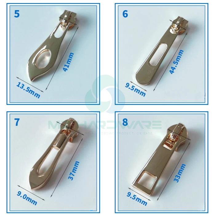 MZ Customize Metal Zipper Puller Light Gold Zipper Pull 5# Long Brand Pull for Clothing Luggage Special Bag Parts Accessories