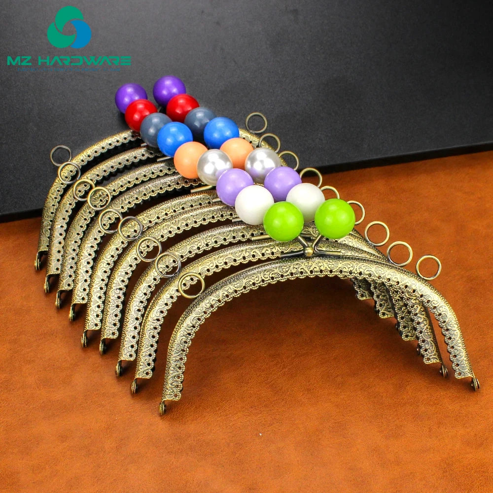 MZ Pearl Candy Bead Bronze Metal Clasp for Purse Handmade Sewing Frame for Bags With Dual Hang Rings Purse Frame