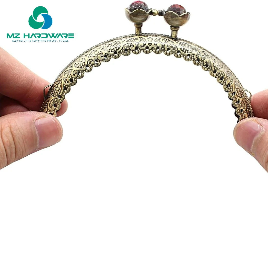 MZhardware Metal Purse Frame Vintage Bag Kiss Clasp Lock, Retro Style Arch Frame Coin Purse Hardware with Lotus Beads Embossed