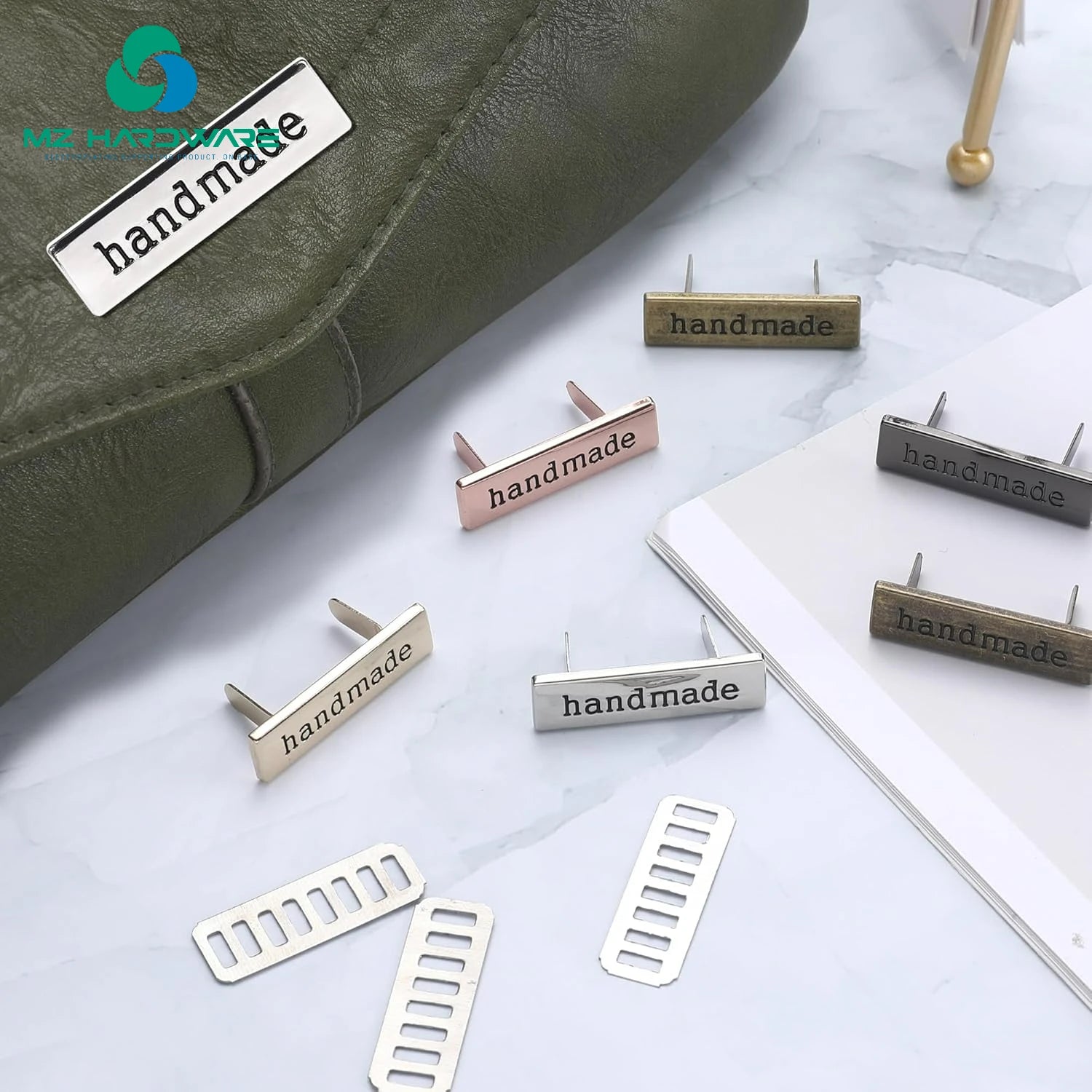 MZ Handmade Metal Labels Shim Rectangle Alloy Tags Hand Made Printed Signs Label for DIY Crafts Sewing Items Purses Bags Shoes