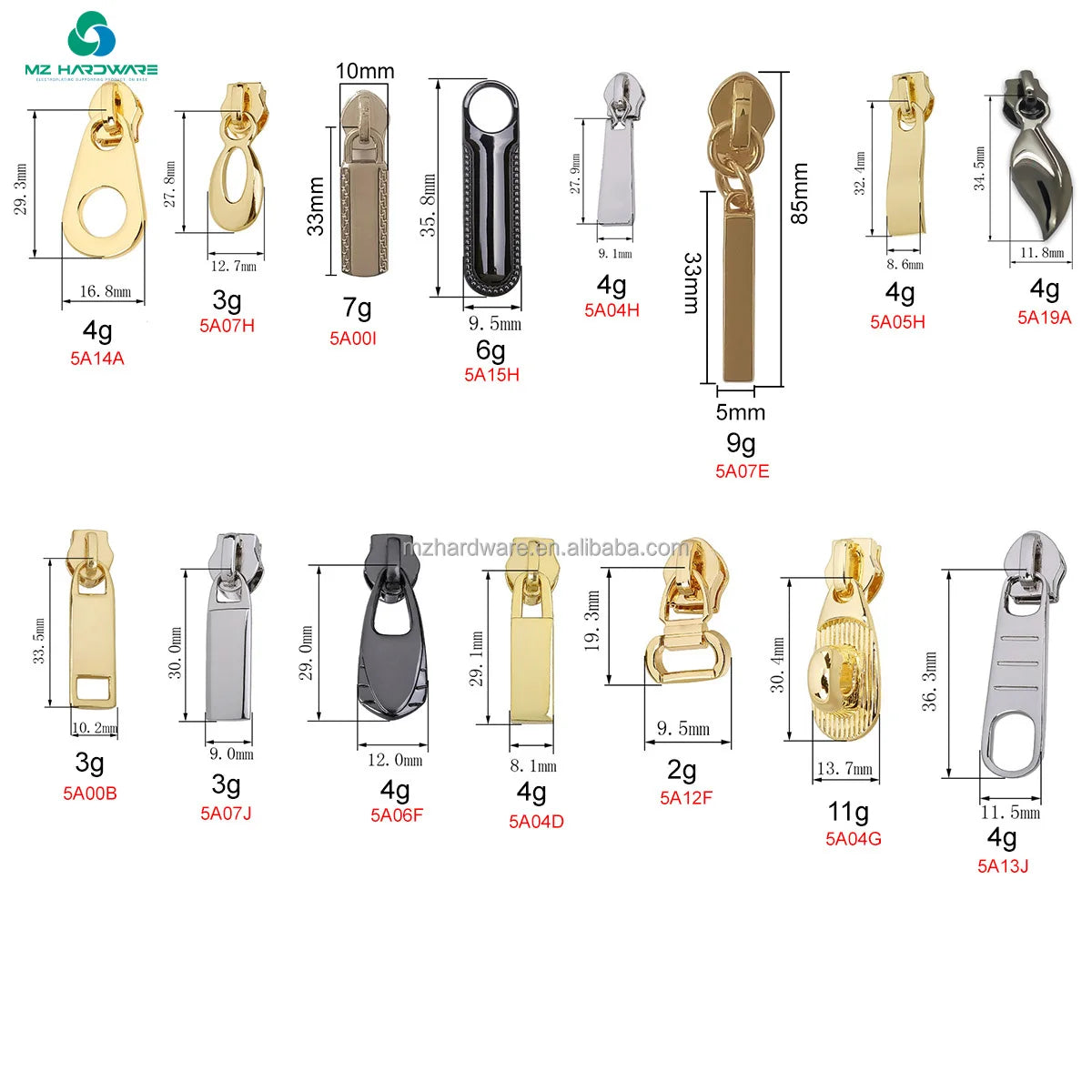 MZhardware OEM Embossed Brand logo Zip Pulls Custom Designer Metal Zipper Puller With Slider for Bag / Clothing Metal Pullers