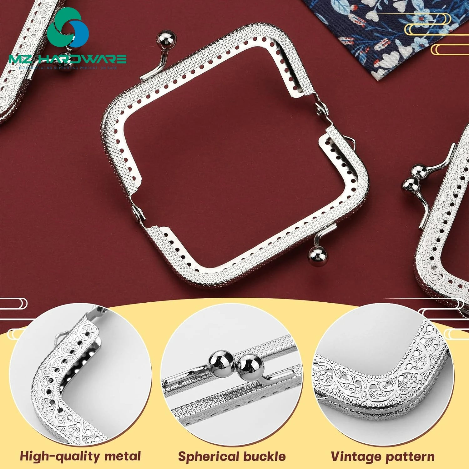 MZhardware Round Bead Head 8.5 CM 10.5CM Square Pattern with Hole Buckle Wallet Frame DIY Material Package Accessories