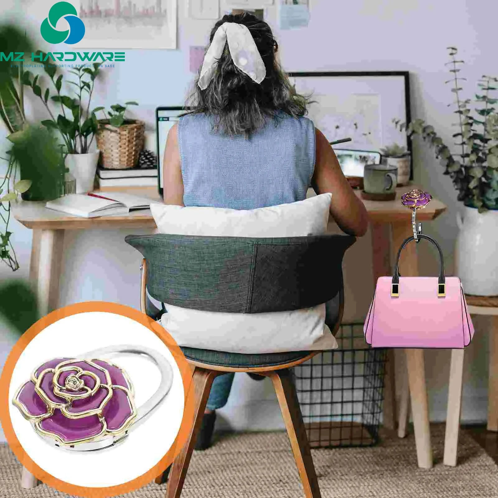 MZ Foldable Lock Hanger Bag Holder Key Flower Hook Purse Desk Hanging Bracket Multi Purpose Hooks Zinc Alloy Acrylic Portable