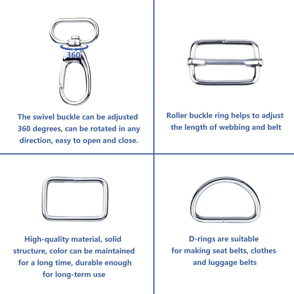 50 Pcs Metal Hook Ring with Swivel Clasps Slide Buckle D-rings Rectangle Ring for Handbag  Pet Collar Sewing Craft Ideas