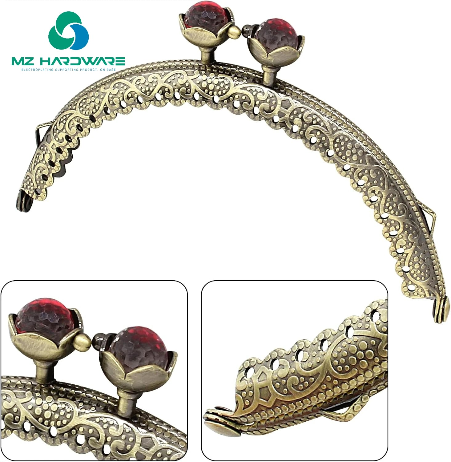MZhardware Metal Purse Frame Vintage Bag Kiss Clasp Lock, Retro Style Arch Frame Coin Purse Hardware with Lotus Beads Embossed