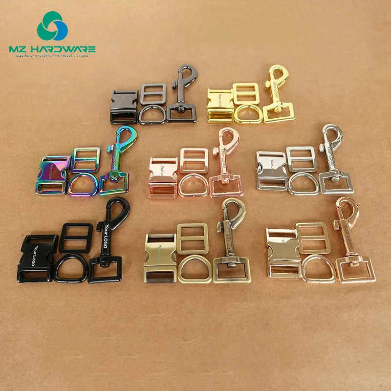 MZ Engraved(metal Buckle+adjust Buckle+D Ring+metal Dog Clasp/set)25mm Webbing Plated Metal Buckle Dog Collar Parts 8 Colours
