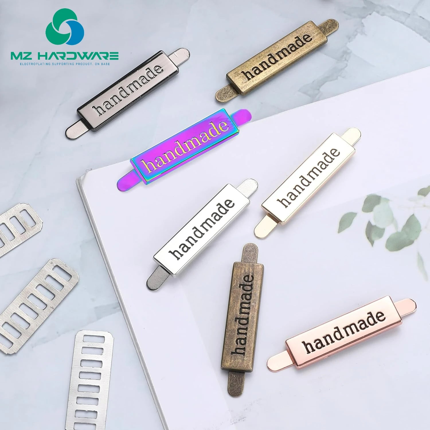 MZ Handmade Metal Labels Shim Rectangle Alloy Tags Hand Made Printed Signs Label for DIY Crafts Sewing Items Purses Bags Shoes