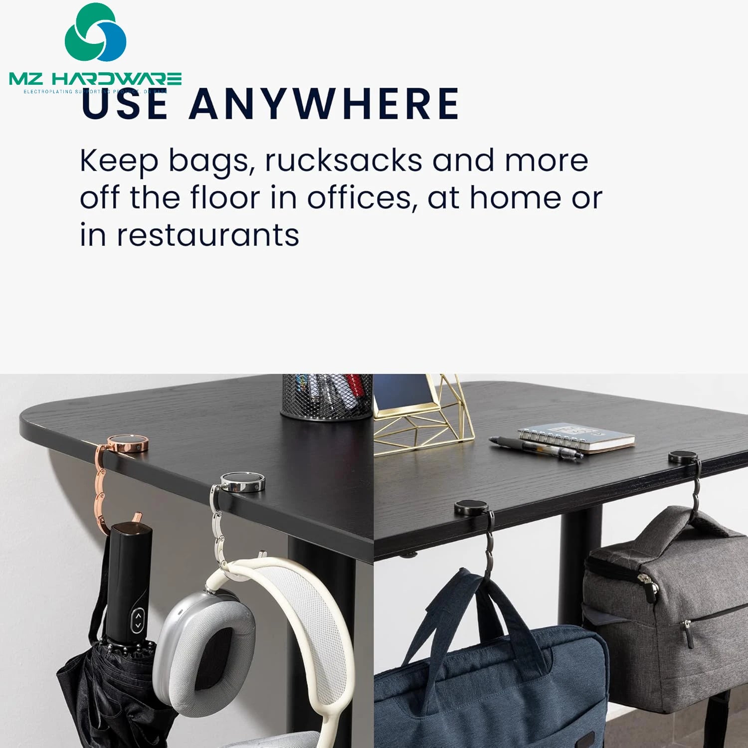 MZ Wholesale Custom Creative Handbag Hooks Purse Holder Hor Table Foldable Bag Holder Zinc Alloy Hanger Hook for Table