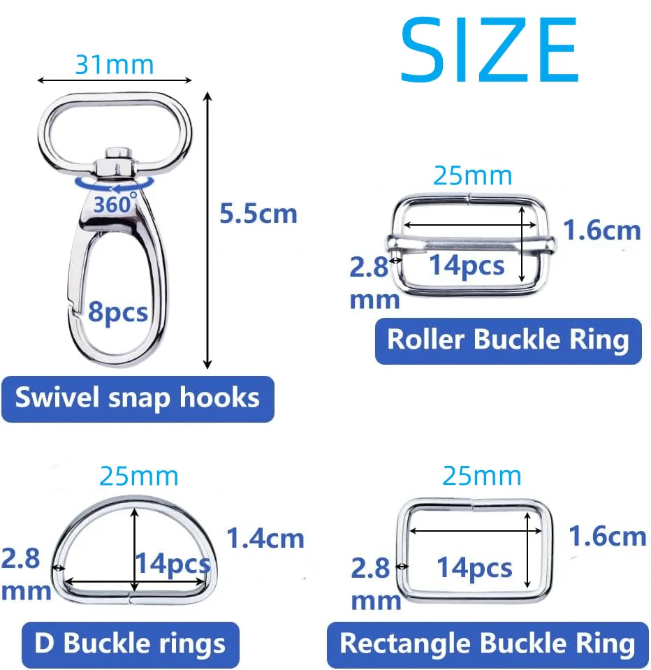 50 Pcs Metal Hook Ring with Swivel Clasps Slide Buckle D-rings Rectangle Ring for Handbag  Pet Collar Sewing Craft Ideas